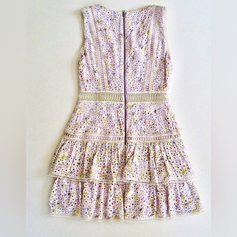 ALICE + OLIVIA Tonie Floral Lace Eyelet Tiered Ruffle Mini Sleeveless Dress - Picture 11 of 12